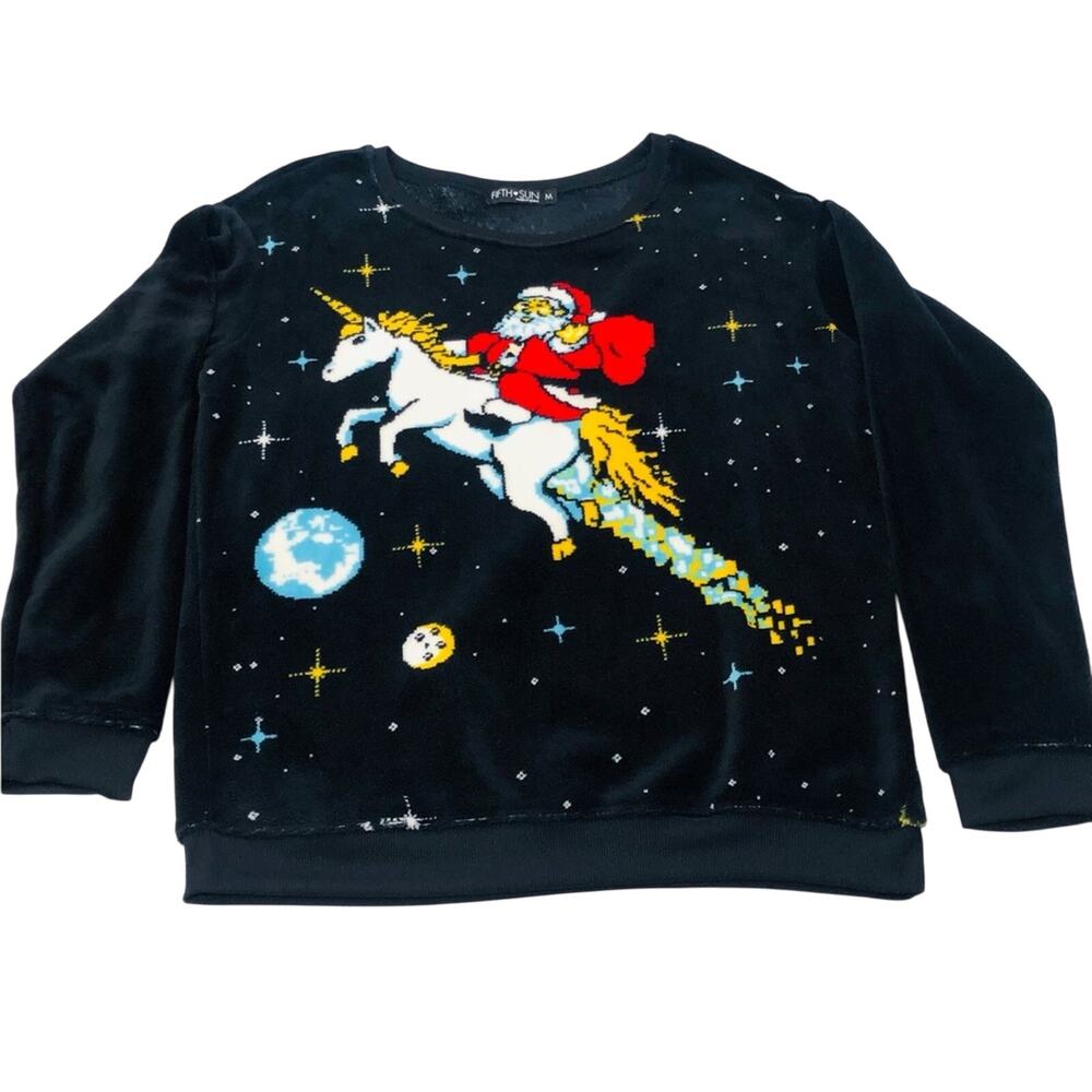 NWOT Fifth Sun Santa on a Unicorn in the Universe Black Fleece Top Long Sleeve - Picture 12 of 16